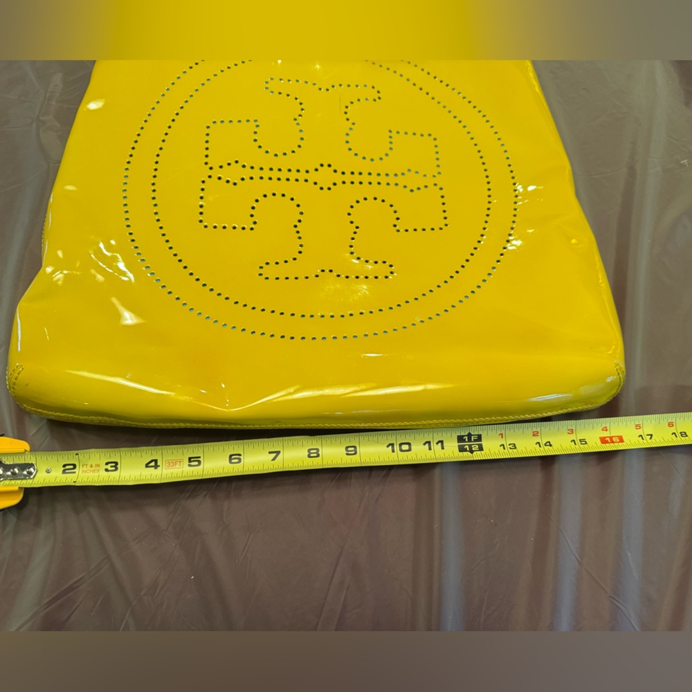 Vintage Y2K Tory Burch Logo Yellow/Teal Patent Leather Large Tote - Picture 7 of 14